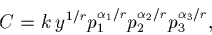 \begin{displaymath}C = k\, y^{1/r} p_1^{\alpha_1/r} p_2^{\alpha_2/r} p_3^{\alpha_3/r},\end{displaymath}